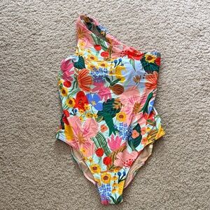summersalt Rifle Paper One-Shoulder Floral Swimsuit in Pink, Yellow, Green, Blue